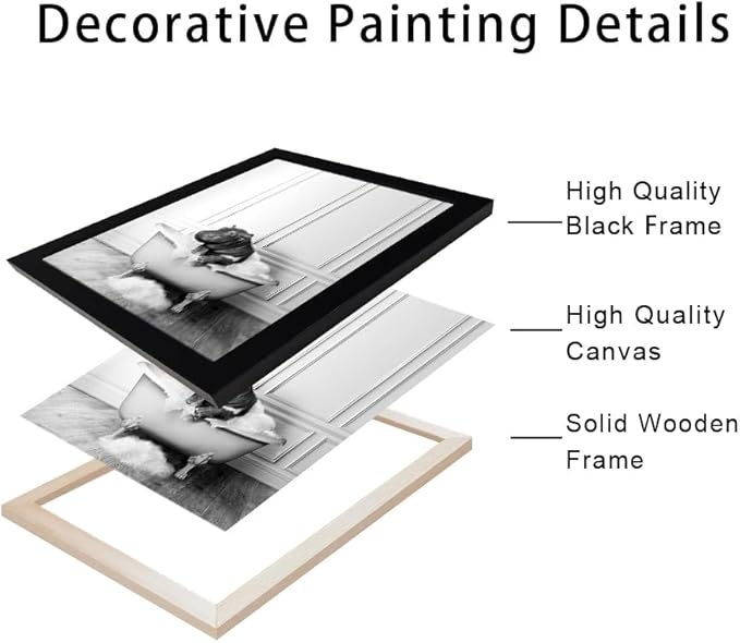 Framed Bathroom Decor Wall Art Black and White Canvas Print Cute Hippo in - Image 2