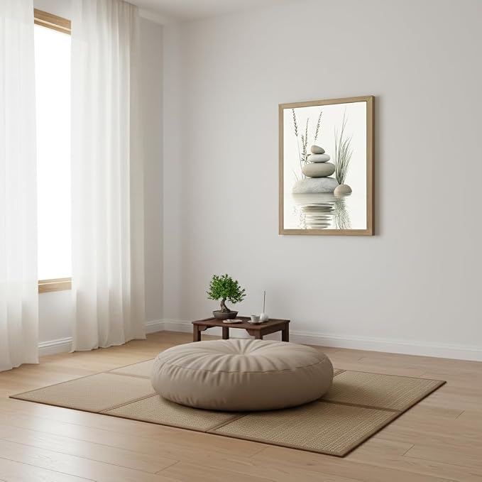 Wooden Frame Zen Stone Canvas Wall Art, Stacked Stones in Water Poster Print. - Image 3
