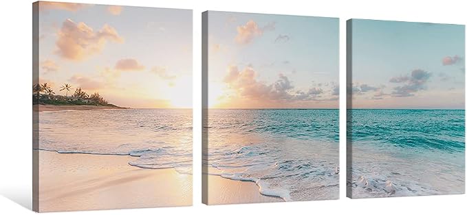 Goldfoilart 3 Pieces Beach Wall Art Sunset Bathroom Canvas Pictures Ocean Wall by Goldfoilart