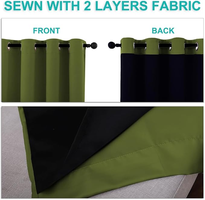 NICETOWN 100% Blackout Lined Curtains, Olive Green, 1 Pair, 2 Thick Layers - Image 5