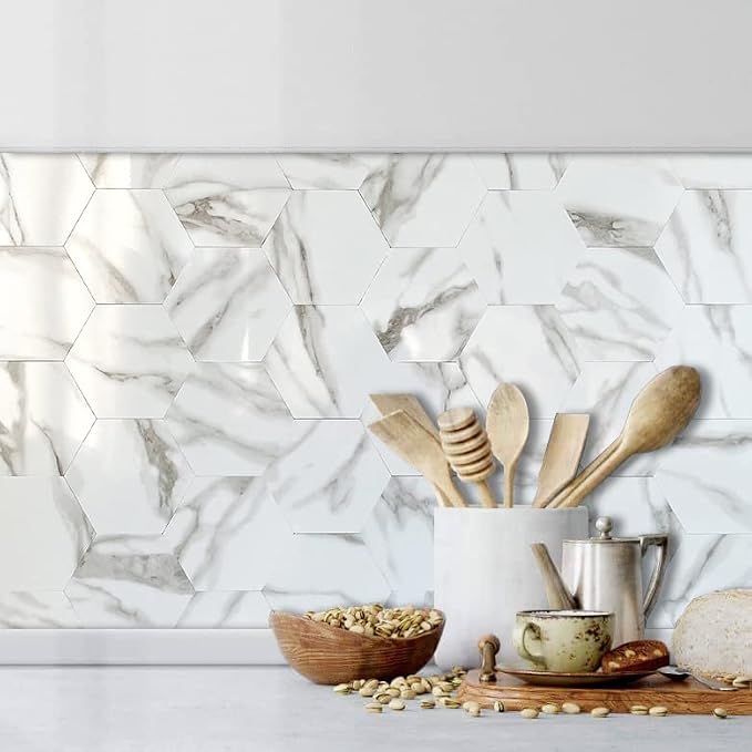 AULIGET 72 Piece Hexagon Tile Peel and Stick Backsplash, Polished White Marble - Image 3