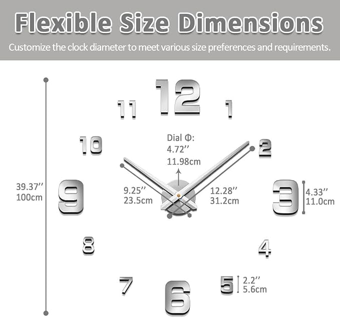 Mintime Modern Frameless DIY Wall Clock Large 3D Wall Watch Mirror Numbers - Image 5
