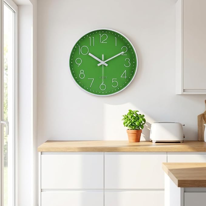 jomparis Modern Office Green Decor Wall Clock 12" Silent & Non-Ticking Battery - Image 4