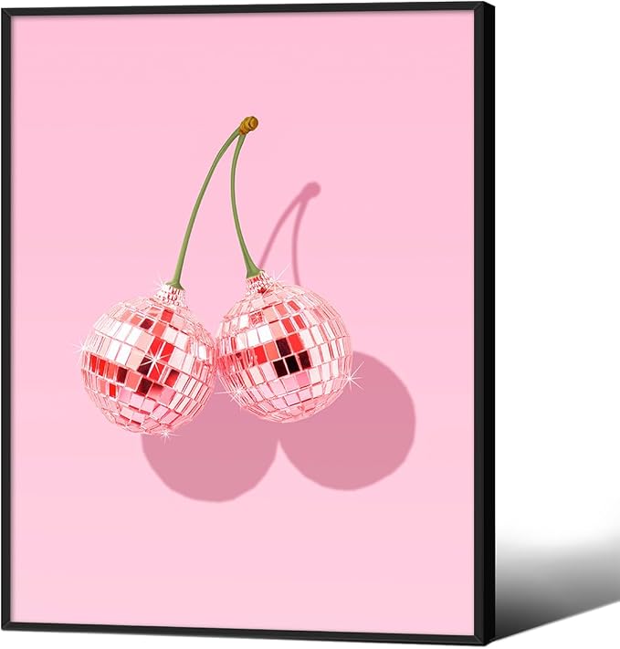 Funky Pink Cherry Poster Retro Disco Ball Canvas Wall Art 08x10 inch Black by Unknown