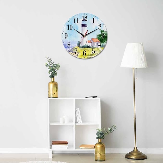Mxocom Watercolor Lighthouse Wall Clock Building Green Hill Blue Skies House - Image 5