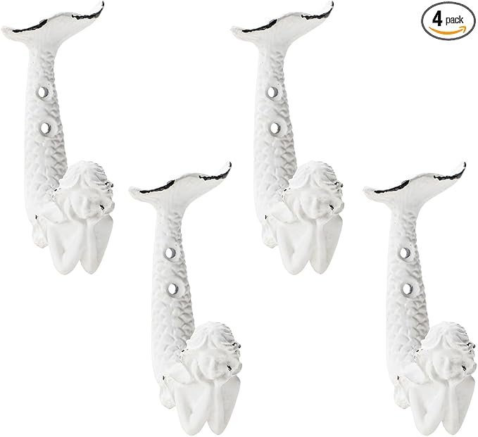 SOFFEE DESIGN 4pcs White Mermaid Shape Metal Coat Hooks, Playful Mermaid Design by SOFFEEDESIGN