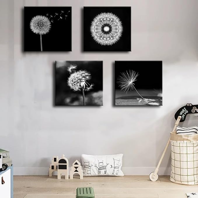 weiyiart Black and White Floral Wall Art, Dandelion Canvas Painting Prints - Image 2