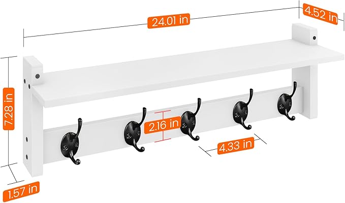 Homode Coat Rack with Shelf Wall Mount, 24 Inch Long Wall Shelf with Hooks - Image 8