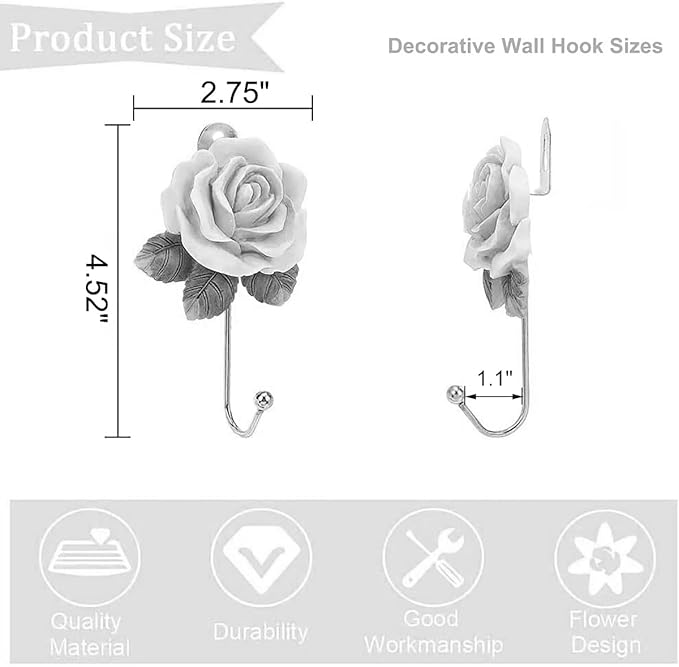 Gold Flower Wall Hooks, Whimsical Resin Rose Flower Decorative Bathroom Hooks - Image 3