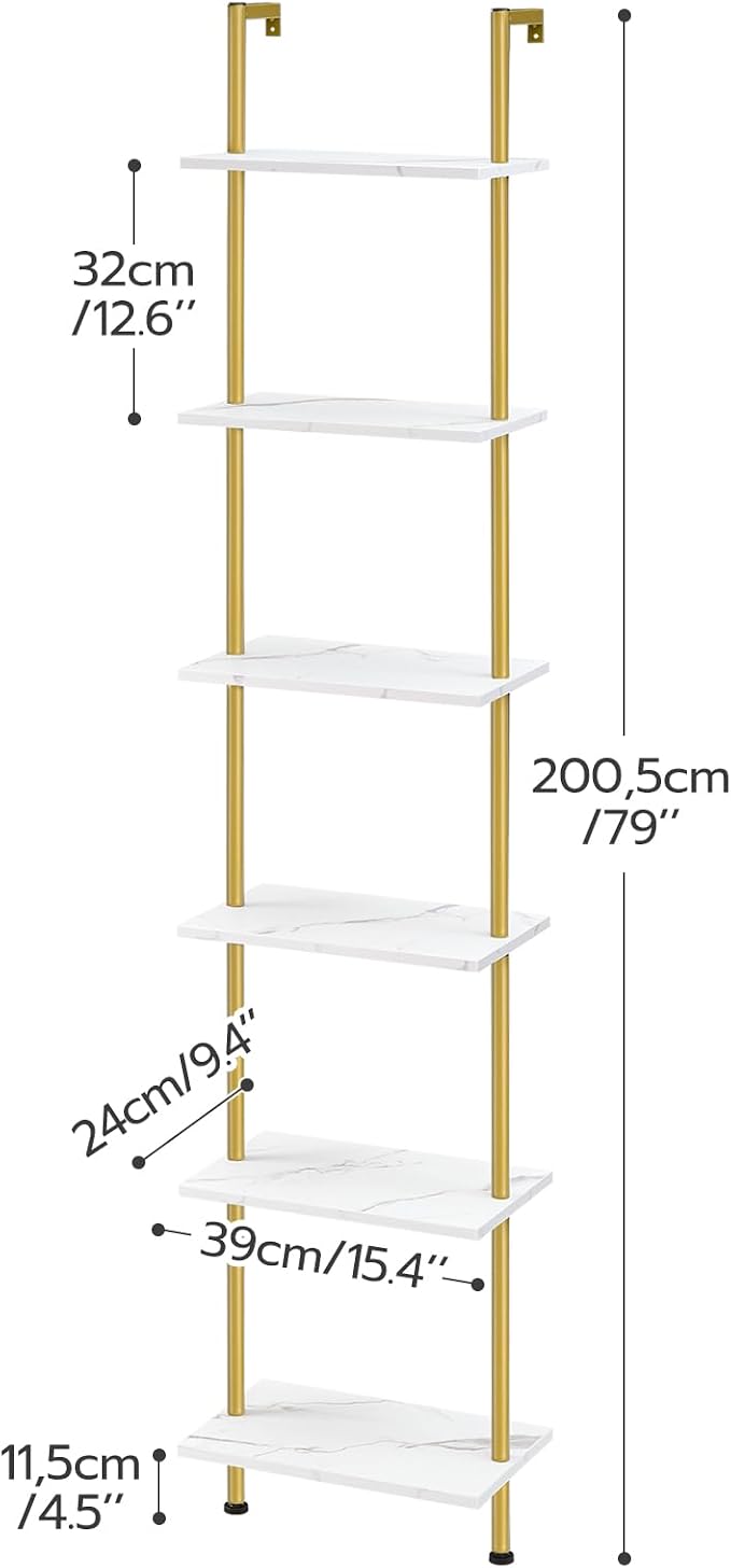 HOOBRO DIY Ladder Shelf, 6-Tier Wooden Wall Mounted Bookshelf, Narrow Gold - Image 3