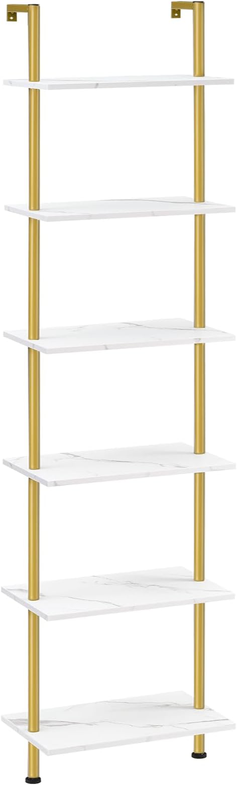 HOOBRO DIY Ladder Shelf, 6-Tier Wooden Wall Mounted Bookshelf, Narrow Gold by HOOBRO