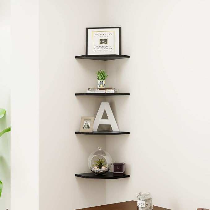 WELLAND 12-Inch Black Floating Corner Shelves Set of 2, Wall Mounted Storage - Image 2