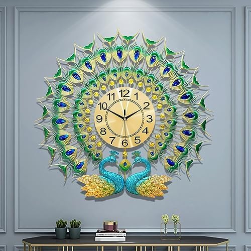 Large Peacock Wall Clock 27.6 inch Non-Ticking Silent Crystal Creative by FMTADDecorativeWallClocks