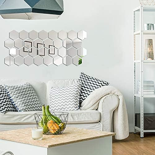 Shappy 32 Pcs Hexagon Mirror Wall Stickers Removable Silver Acrylic Mirror - Image 6