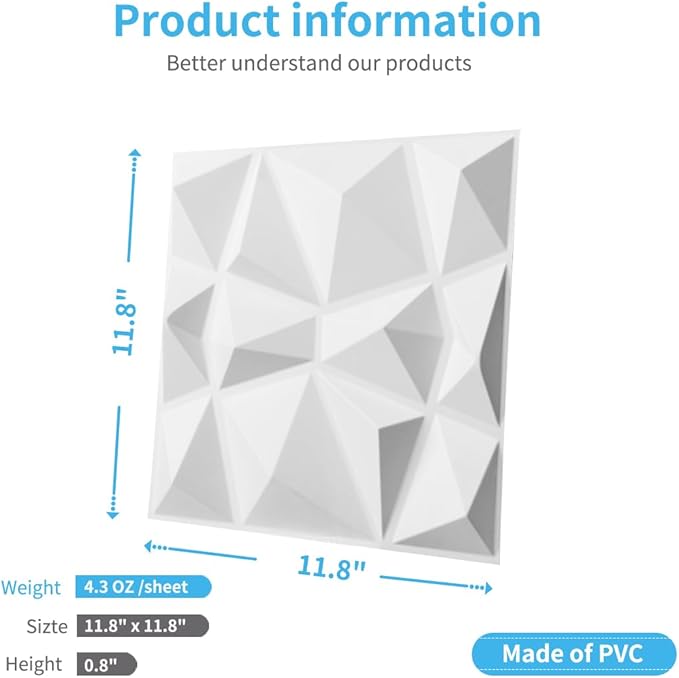 Art3d Decorative 3D Wall Panels in Diamond Design, 11.8"x11.8" Matt White - Image 4