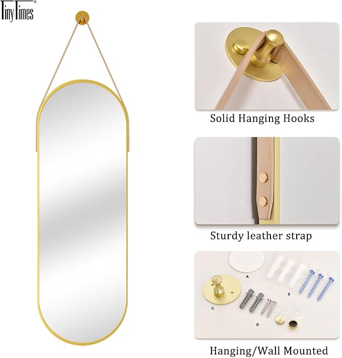 48"x16" Hanging Mirror with Leather Strap, Oval Full Length Mirror with - Image 6