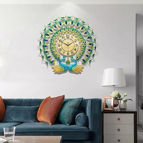 Large Peacock Wall Clock 27.6 inch Non-Ticking Silent Crystal Creative - Image 2