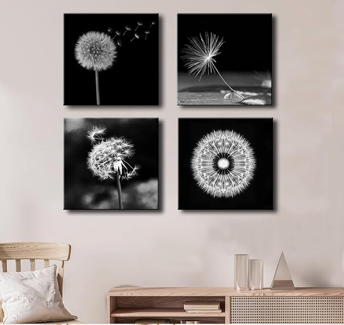 weiyiart Black and White Floral Wall Art, Dandelion Canvas Painting Prints - Image 4
