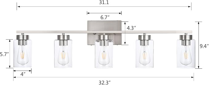 5 Light Bathroom Vanity Light Fixtures, Brush Nickel Modern Wall Lights - Image 3