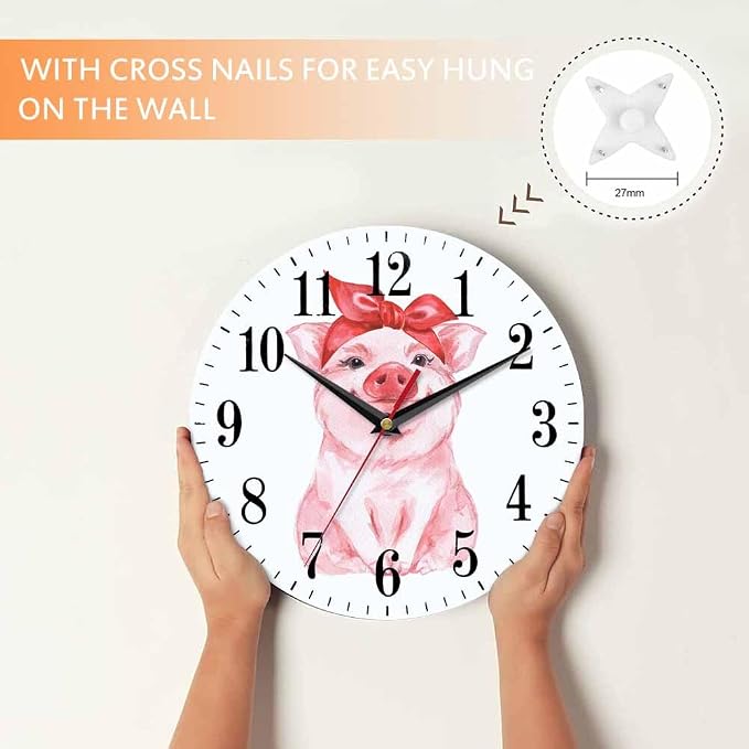 Mxocom Pink Pig Wall Clock Funny Cartoon Pig Wearing Red Bandana 10 Inch Silent - Image 4