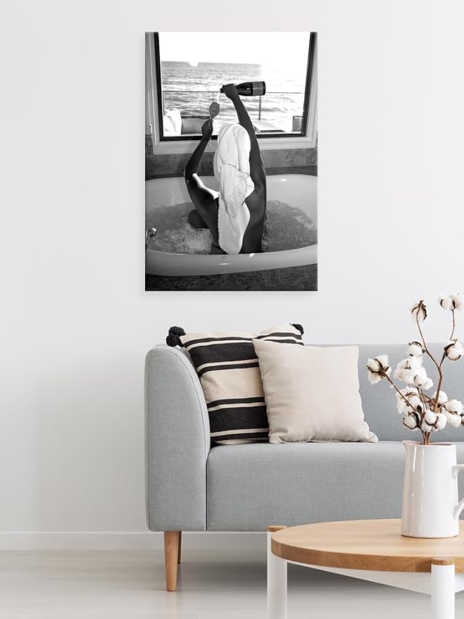 Trendy Black and White Posters Funny Woman Drinking Wine in Bathtub Wall Art - Image 4