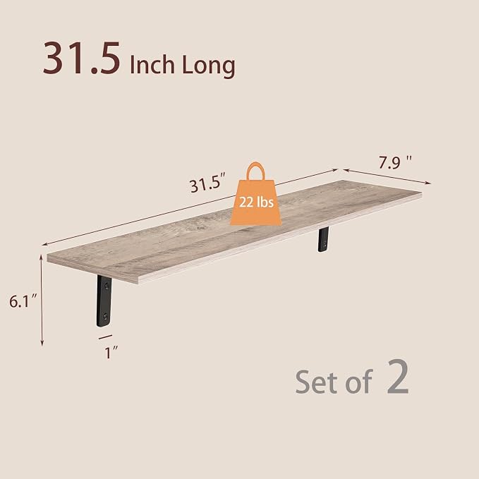 DINZI LVJ Long Wall Shelves, 31.5 Inch Wall Mounted Shelves Set of 2, - Image 3