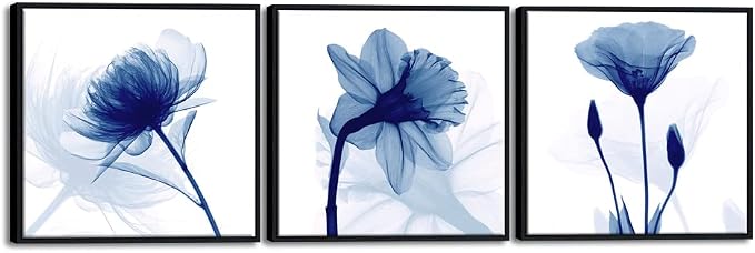 Wieco Art Framed Wall Art Blue Abstract Flowers 3 Panels Canvas Prints Home Art by WiecoArt