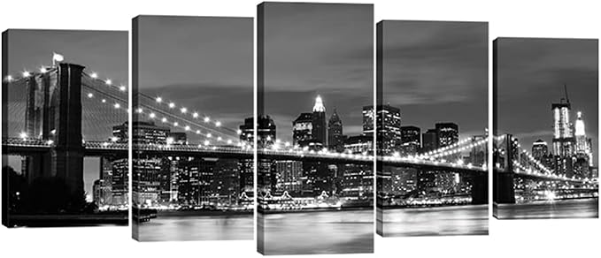 Wieco Art New York Brooklyn Bridge Canvas Wall Art Night View 5 Panels Modern by WiecoArt