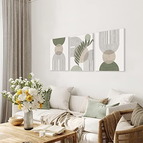 Sage Green Boho Wall Art Set of 3, Minimalist Framed Wall Art Geometric Line - Image 2