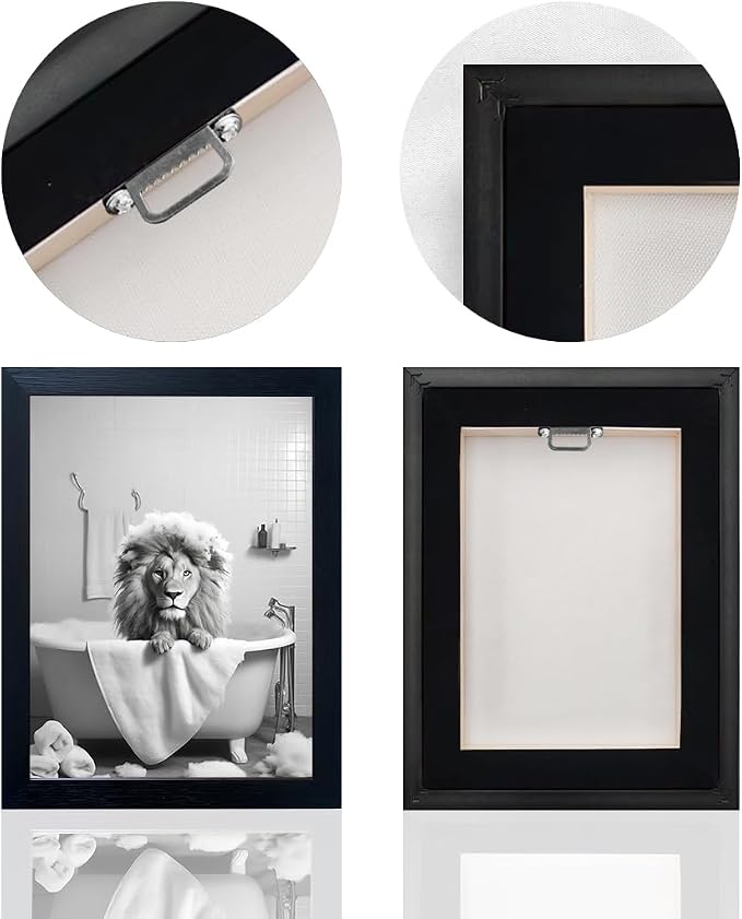Framed Black and White Animal Bathroom Wall Art Funny Lion in tub Bathroom - Image 4