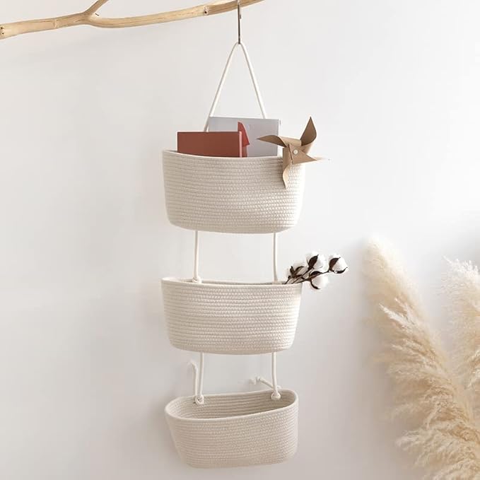TeoKJ Over the Door Hanging Basket, 3-Tier Woven Cotton Wall-Mounted Storage - Image 5