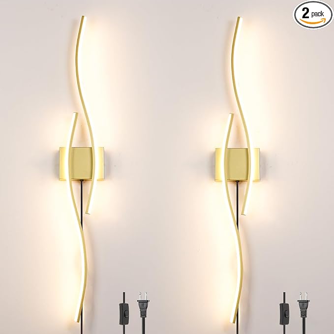 Daunton Modern Gold Plug in Wall Sconces Set of Two, RC Dimmable LED Plug in by Daunton