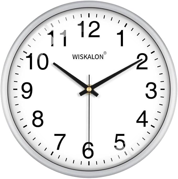 WISKALON 10 Inch Wall Clock, Silent Non-Ticking Round Silver Frame Clock by WISKALON