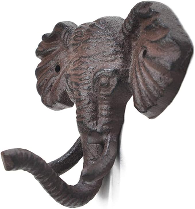Antiqued Reproduction Cast Iron Elephant Head Single Hook Hanger Animal Shaped by Geenite