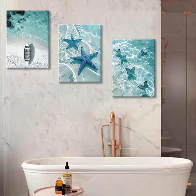 Ocean Wall Art Beach Canvas Print Starfish Shell on Teal Board Paintings - Image 5