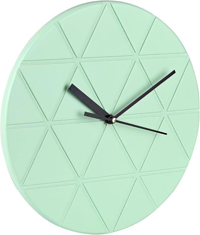Mint Green Wooden Wall Clock 24cm Round Geometric Triangle Pattern MDF - Image 3