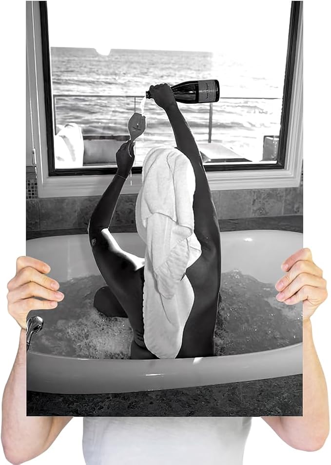 Trendy Black and White Posters Funny Woman Drinking Wine in Bathtub Wall Art - Image 3