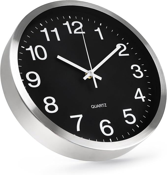 Wall Clock 12 Inch Metal Finish Silent Non Ticking Indoor Clock Round Battery by BAKBRAND