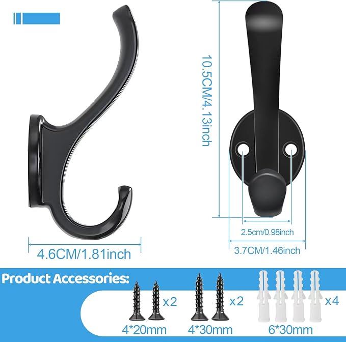 6 Pack Coat Hooks Wall Mount Heavy Duty Utility Retro Double Hooks - Image 3