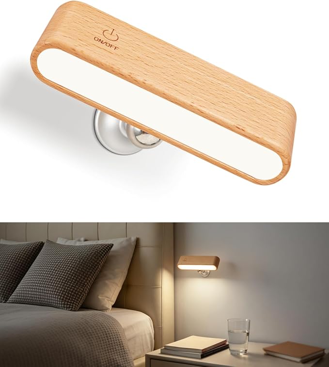 Wood LED Wall Sconce, Magnetic 360° Rotatable Wall Mounted Night Light & by Vadifula