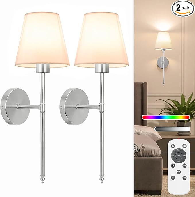 NIORSUN 19.9 inch Battery Operated Wall Sconce Set of 2, Brushed Nickel by NIORSUN