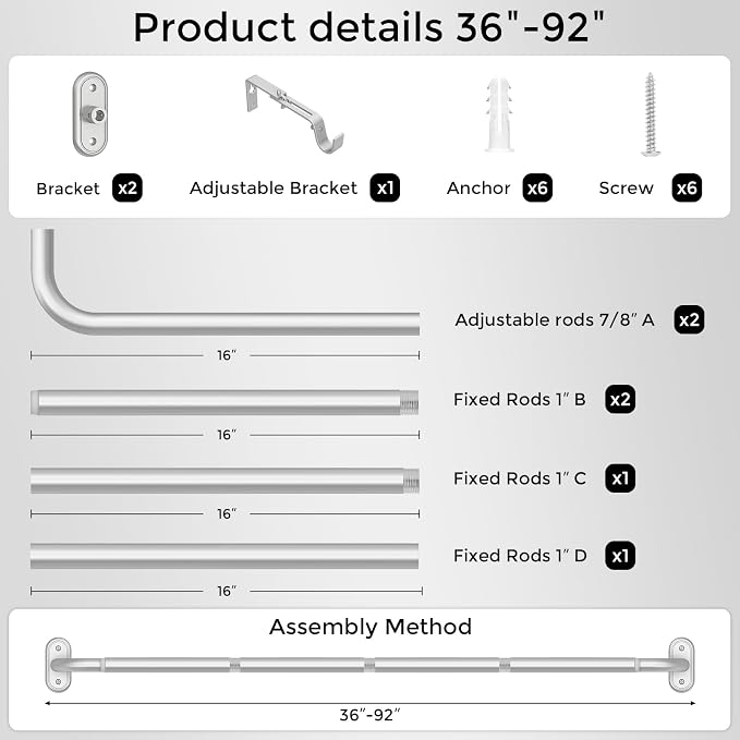 Curtain Rods 36-88 Inch, 1 Inch Adjustable Heavy Duty Room Darkening Window - Image 7