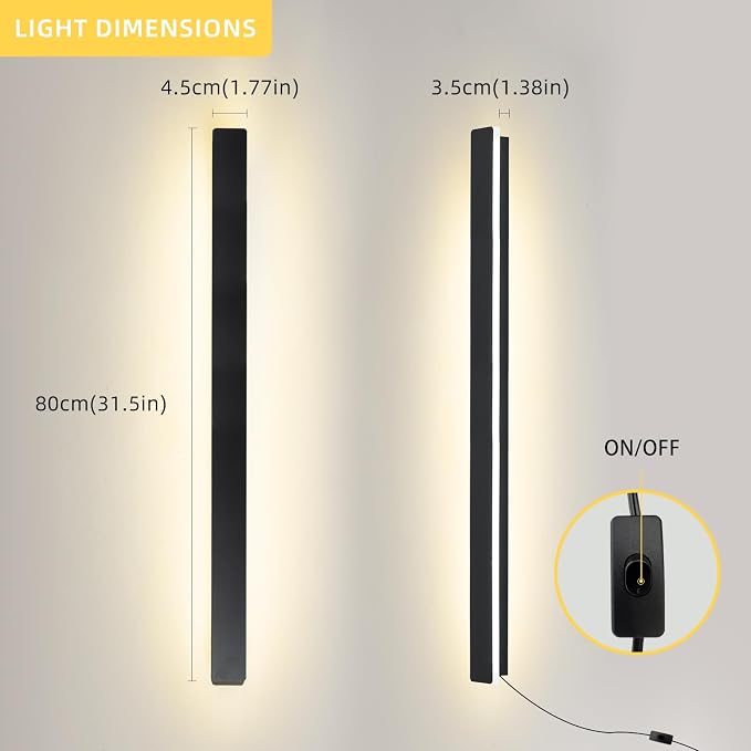 KELUOLY Modern Plug in Wall Lights, 31.4 inch Frosted Black LED Long Wall Sconce - Image 2