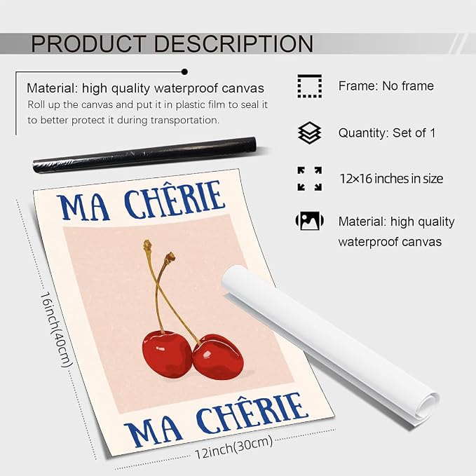 jkahh Funky Cherry Wall Art Vintage Red Blue Aesthetic Poster Trendy Ma Cherie - Image 2