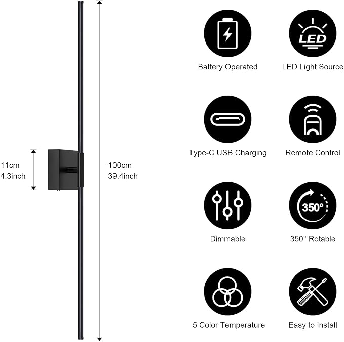 Wall Sconces Set of Two with Remote Control, 39.4 in Dimmable Black Battery - Image 4
