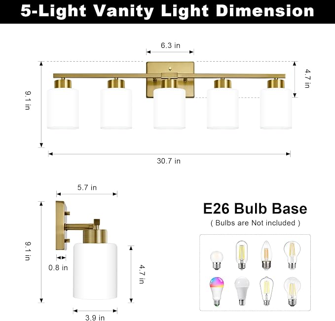 FonmYim Brushed Gold Bathroom Light Fixtures, 5-Light Modern Vanity Light Over - Image 2