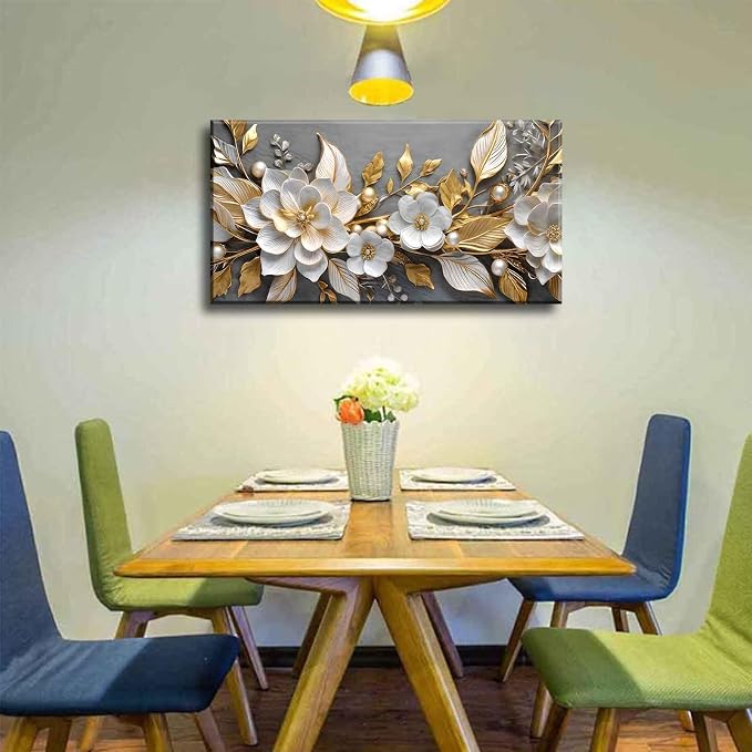 Large Living Floral Canvas Wall Art Gold White Plant Abstract Decor painting - Image 7