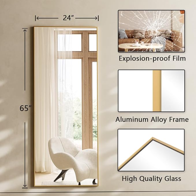 Koonmi 65"x24" Floor Mirror Full Length, Bedroom Floor Body Mirror - Image 5