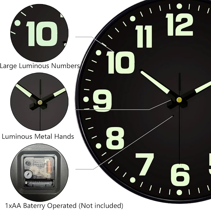 12 Inch Silent Wall Clocks Battery Operated, Glow in The Dark Wall Clock - Image 8