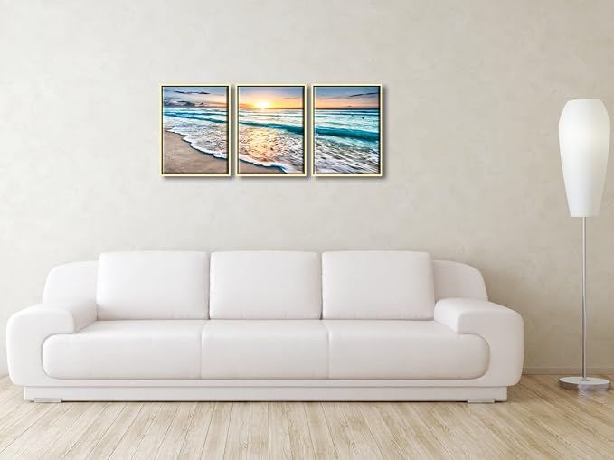 Wieco Art Framed Canvas Wall Art 3 Panel Blue Beach - Image 4